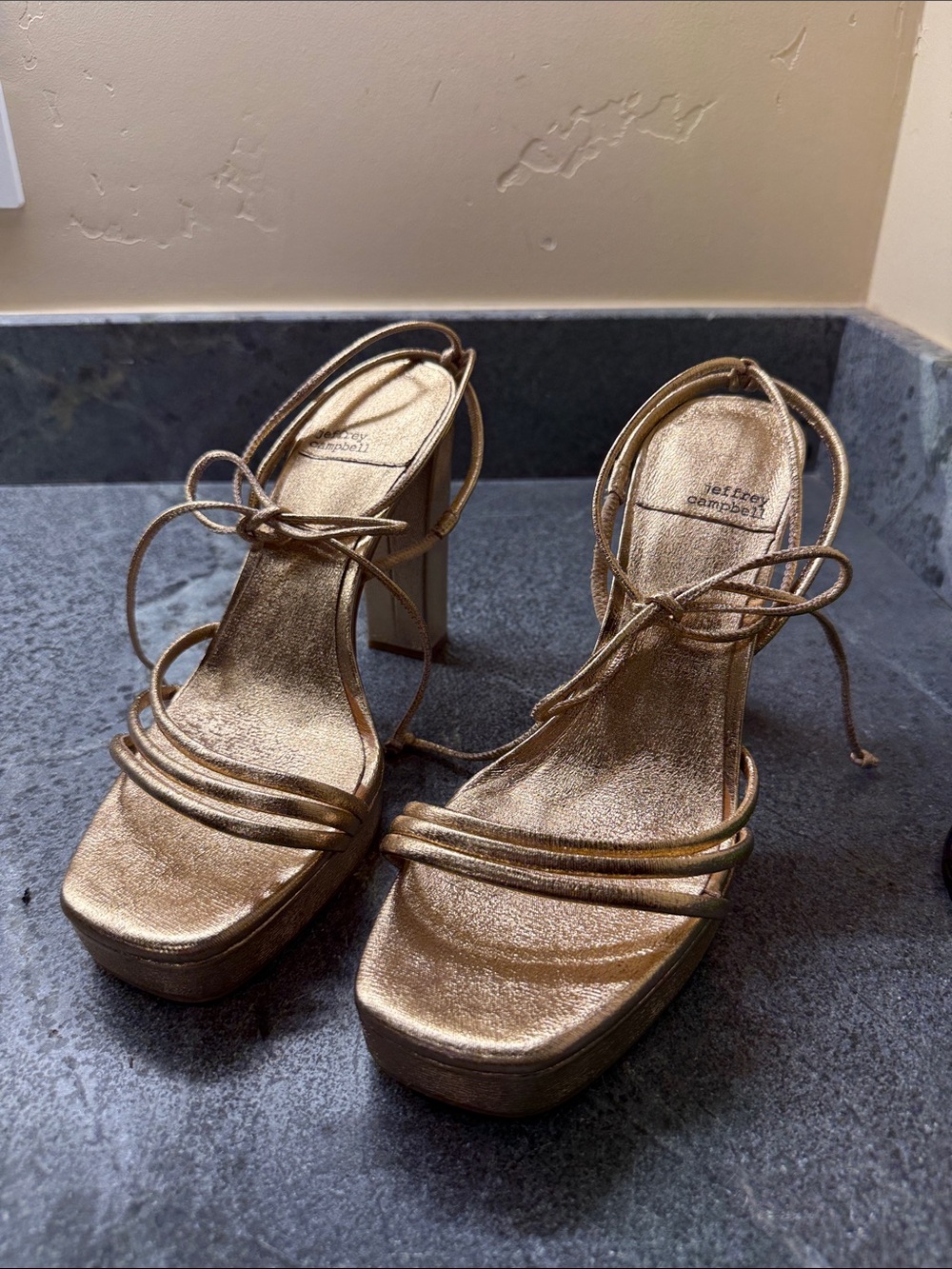 Jeffrey Campbell Metallic Gold Lace-Up Platform Heels